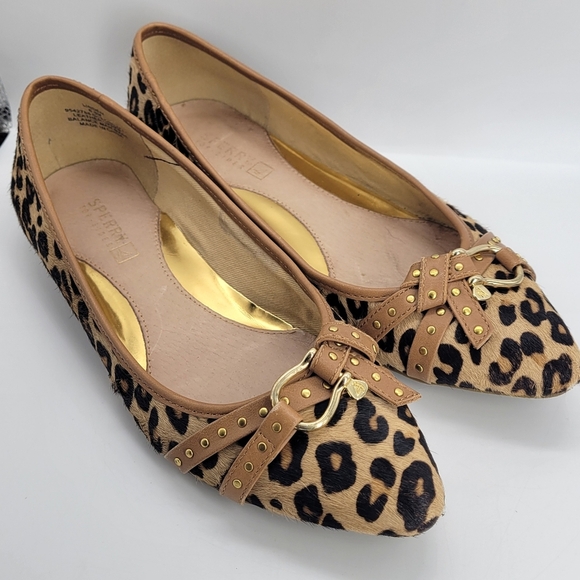 Sperry Animal Print Flats Size 6.5M Brown Tan Leopard Leather Gold - Picture 1 of 8